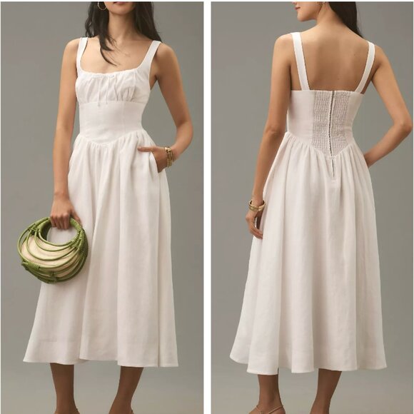 BEST Reformation Balia Linen Midi Dress Sz0 White Linen Bow Sleeveless Classic - Picture 3 of 10